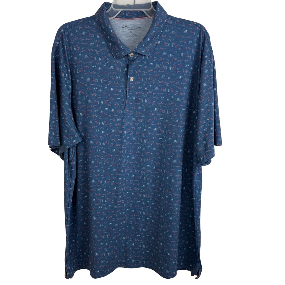 Peter Millar Seaside XL Mens Blue‎ Beach Scene Print Short Sleeve Polo Shirt